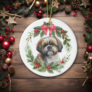 Shih Tzu Red Bow Holly Wreath Ceramic Tree Decoration