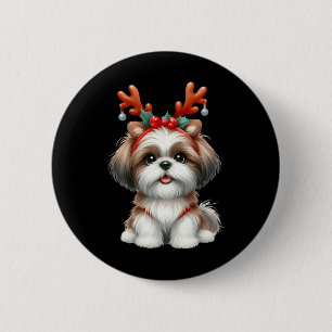 Shih Tzu Reindeer Santa Hat Xmas Lights Christmas 6 Cm Round Badge