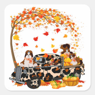 Shih Tzu Riding Leopard Truck Pumpkin Thanksgiving Square Sticker