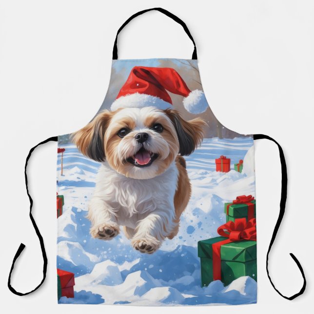 Shih Tzu Running in Snow with Christmas Hat Apron (Front)