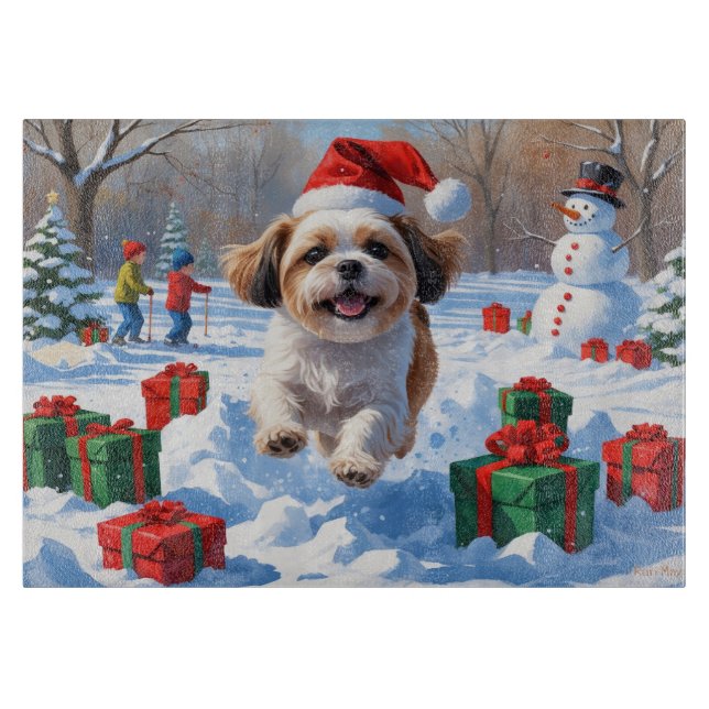 Shih Tzu Running in Snow with Christmas Hat Cutting Board (Front)