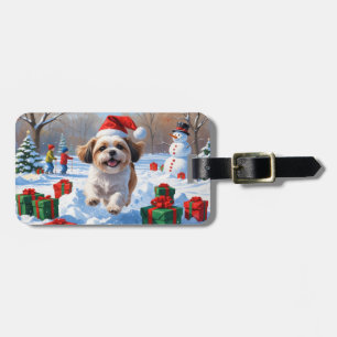 Shih Tzu Running in Snow with Christmas Hat Luggage Tag