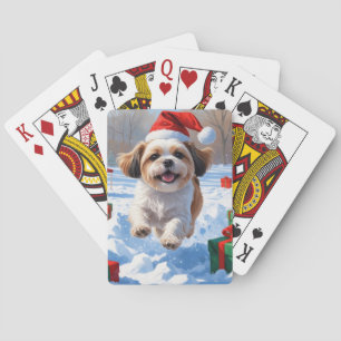 Shih Tzu Running in Snow with Christmas Hat Playing Cards