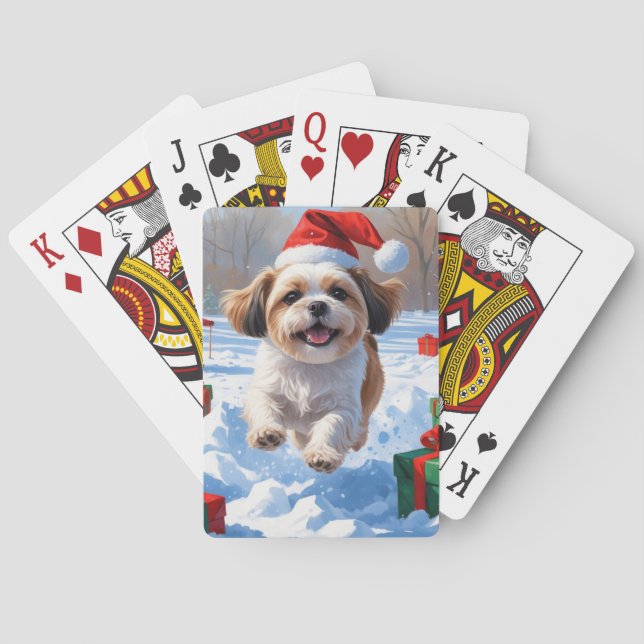 Shih Tzu Running in Snow with Christmas Hat Playing Cards (Back)