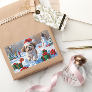 Shih Tzu Running in Snow with Christmas Hat Rectangular Sticker