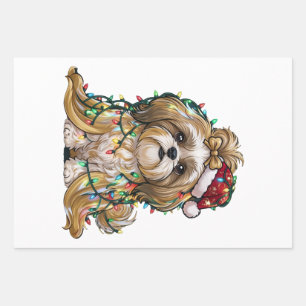 Shih Tzu Santa Hat Christmas Lights Funny Holiday Wrapping Paper Sheet