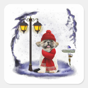 Shih Tzu Santa Snow Christmas Light Winter Gift Square Sticker