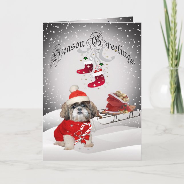 Shih Tzu Santa Snow Scene greeting cards (Front)
