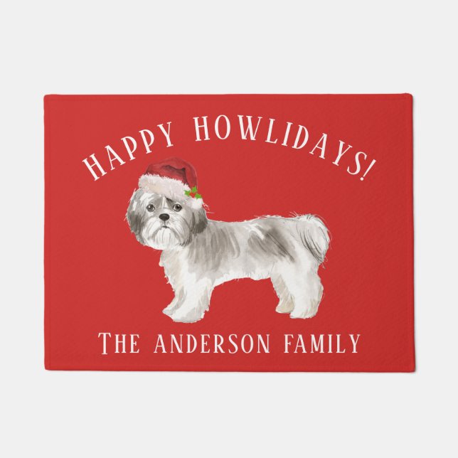 Shih tzu Shorter haired Happy Howlidays Christmas Doormat (Front)