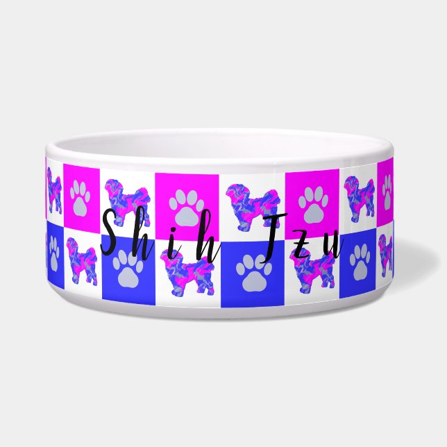 Shih Tzu Silhouette Dog & Paw Hot Pink & Blue (Front)
