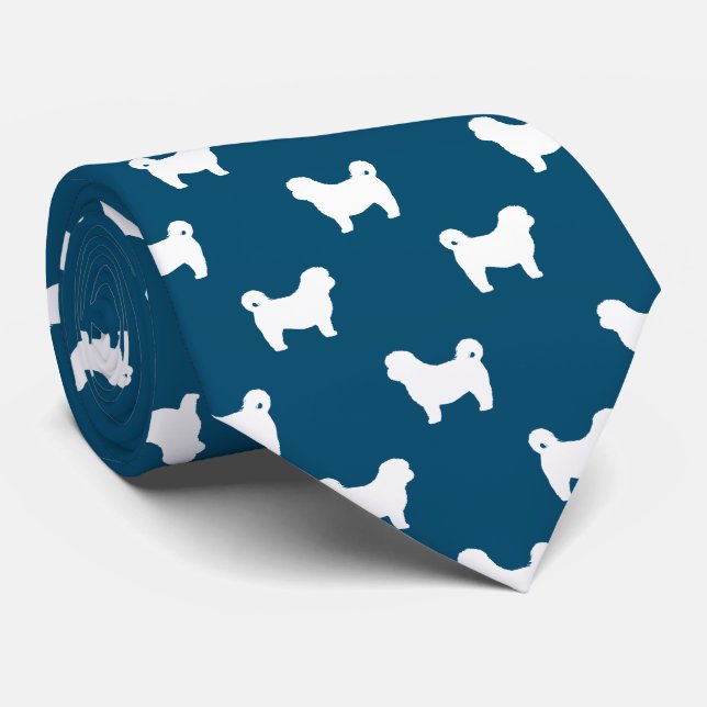 Shih Tzu Silhouettes Pattern Blue and White Tie (Rolled)