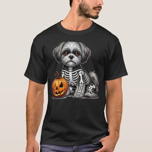 Shih Tzu Skeleton Jack O Lantern Funny Dog Hallowe T-Shirt (Front)