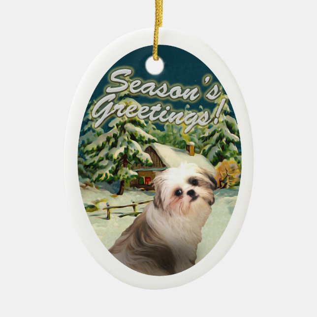 Shih Tzu Snow Cabin Christmas Ornament (Front)