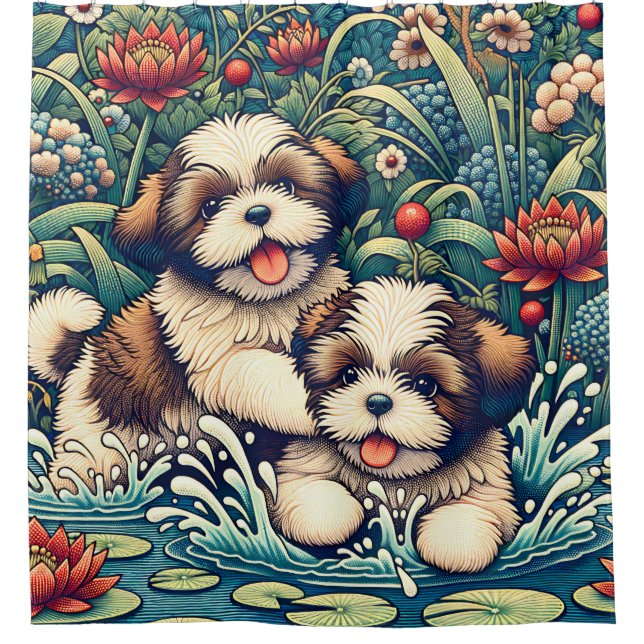 "Shih Tzu Splash" Shower Curtain (Front)