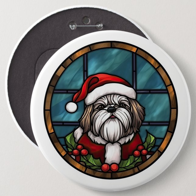 Shih Tzu Stained Glass Christmas 6 Cm Round Badge (Front & Back)