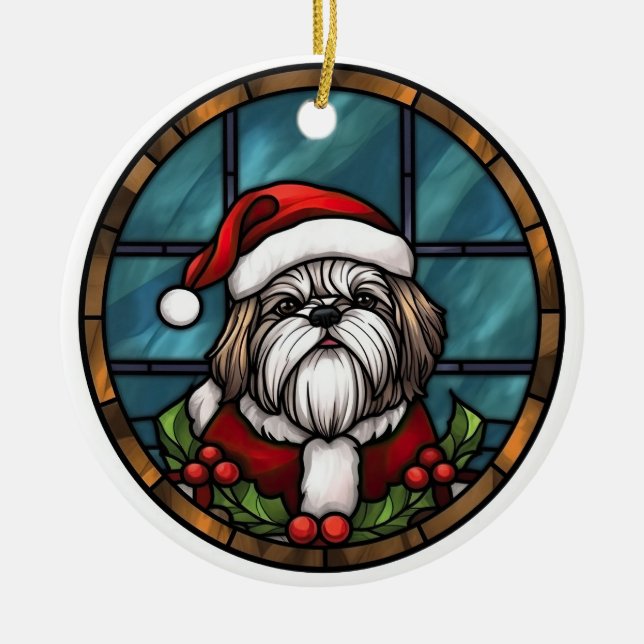 Shih Tzu Stained Glass Christmas Ceramic Tree Decoration (Front)