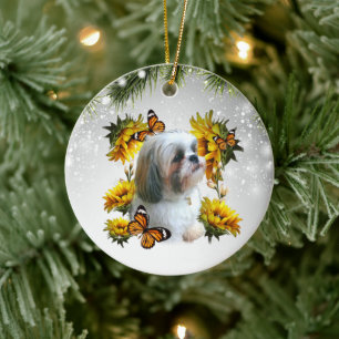 Shih Tzu Sunflower Butterfly memorial paw prints Ceramic Tree Decoration