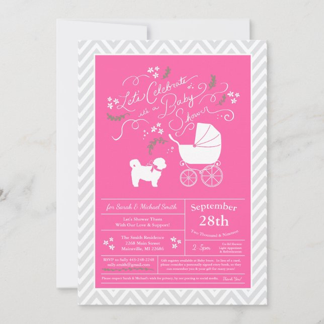 Shih Tzu Teddy Bear Dog Baby Shower Pink Girl Invitation (Front)