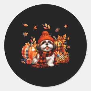 Shih Tzu Thanksgiving Leopard Pumpkins Fall Leaves Classic Round Sticker