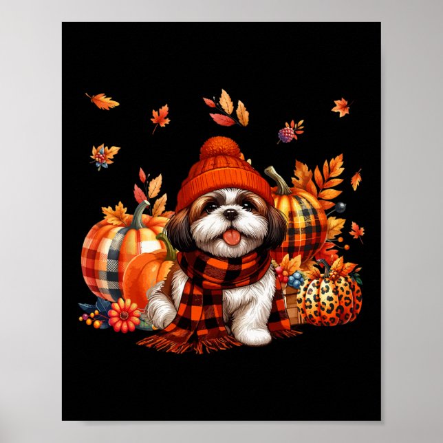 Shih Tzu Thanksgiving Leopard Pumpkins Fall Leaves Poster (Front)