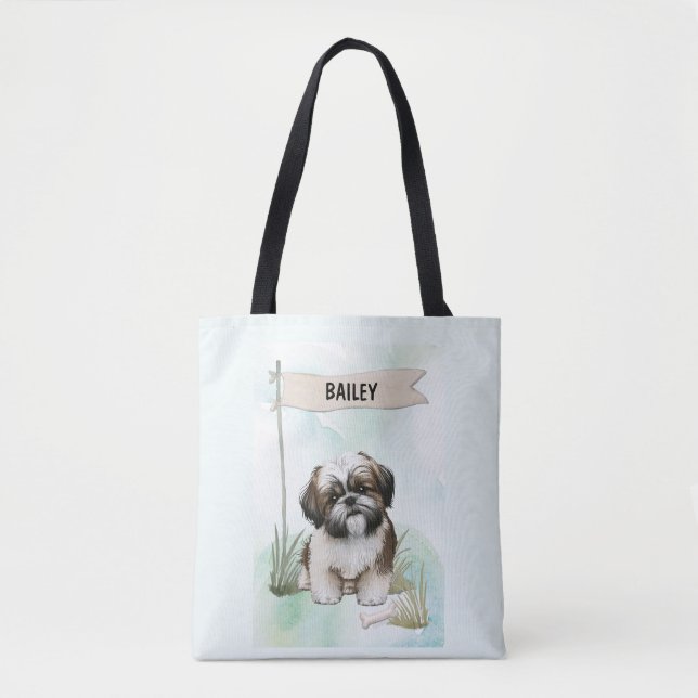 Shih Tzu Watercolor Personalised Dog Tote Bag (Front)