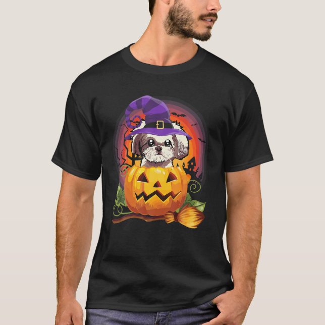 Shih Tzu Witch Pumpkin Halloween Dog Lover Costume T-Shirt (Front)