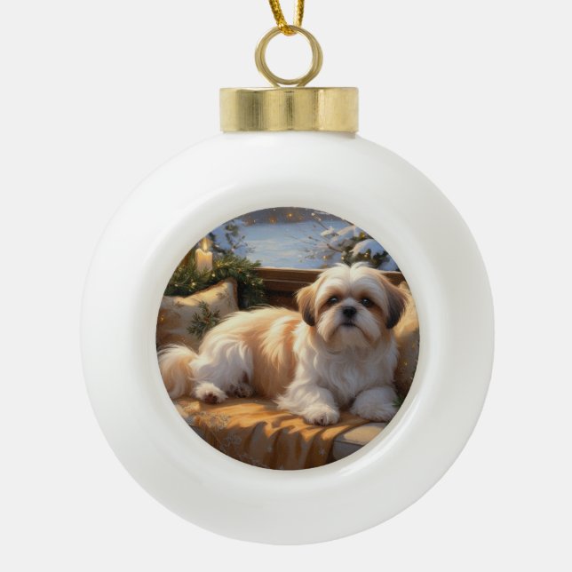 Shih Tzu with Christmas Lights Holiday  Ceramic Ball Christmas Ornament (Front)