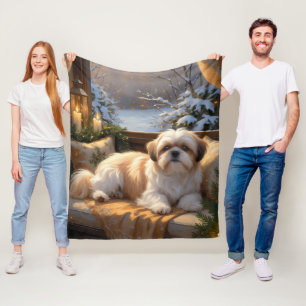 Shih Tzu with Christmas Lights Holiday  Fleece Blanket