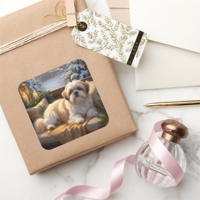 Shih Tzu with Christmas Lights Holiday  Square Sticker (Gifting)