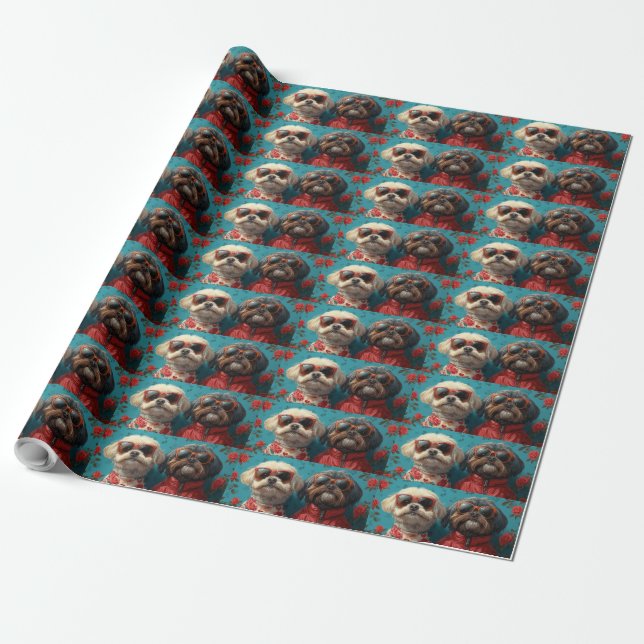 Shih Tzu with Heart Roses Valentine's Day  Wrapping Paper (Unrolled)