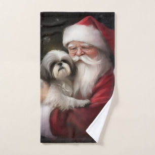 Shih Tzu With Santa Claus Festive Christmas Bath Towel Set