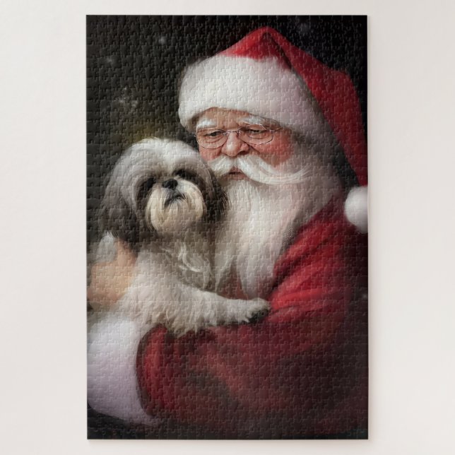 Shih Tzu With Santa Claus Festive Christmas  Jigsaw Puzzle (Vertical)