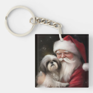 Shih Tzu With Santa Claus Festive Christmas  Key Ring