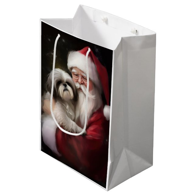 Shih Tzu With Santa Claus Festive Christmas  Medium Gift Bag (Front Angled)