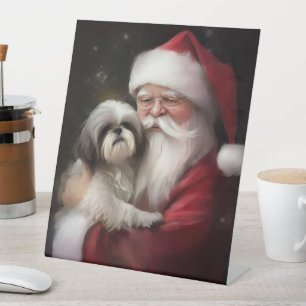 Shih Tzu With Santa Claus Festive Christmas  Pedestal Sign