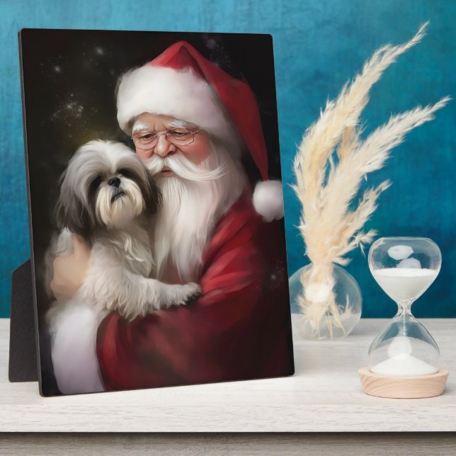 Shih Tzu With Santa Claus Festive Christmas  Plaque (Side)