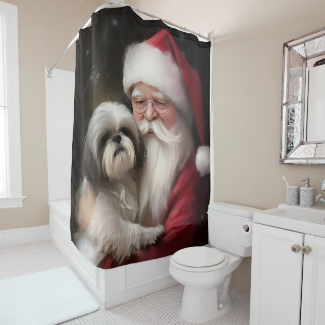 Shih Tzu With Santa Claus Festive Christmas  Shower Curtain (In Situ)
