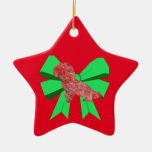 Shihpoo Dog Silhouette Green Bow Christmas Ceramic Tree Decoration