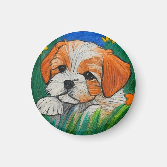 Shihtzu puppy crayon art look magnet (Front)