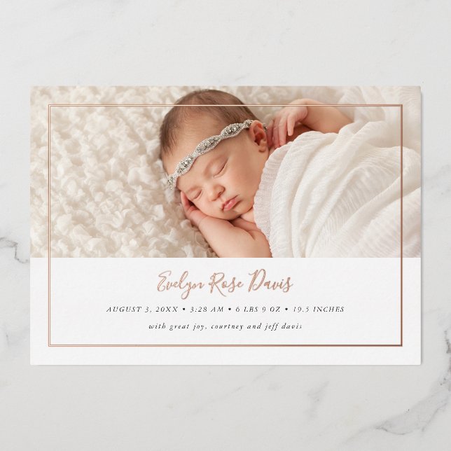 Shimmer 3 Photo Real Foil Birth Announcement Card (Front)