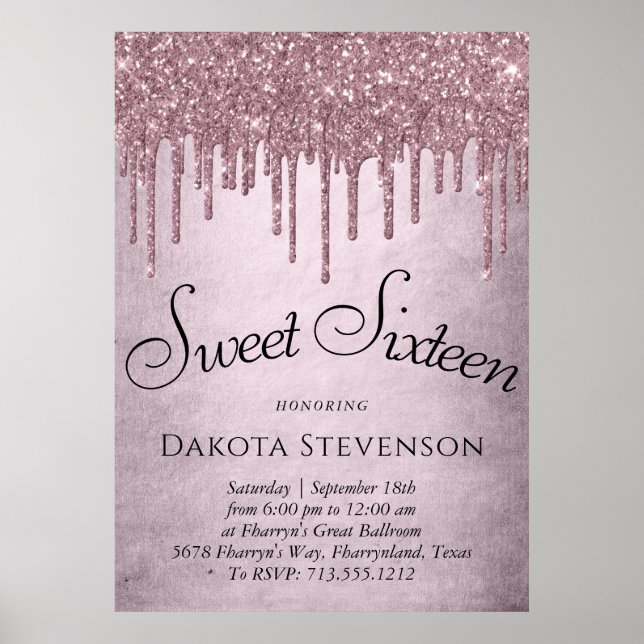 Shimmer Drip Sweet 16 Party | Pink Icing Script Poster (Front)