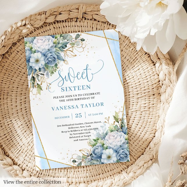 Shimmer Dusty Blue White Peonies Sweet 16 Invites (Shimmer Dusty Blue White Peonies Sweet 16 Invitation)