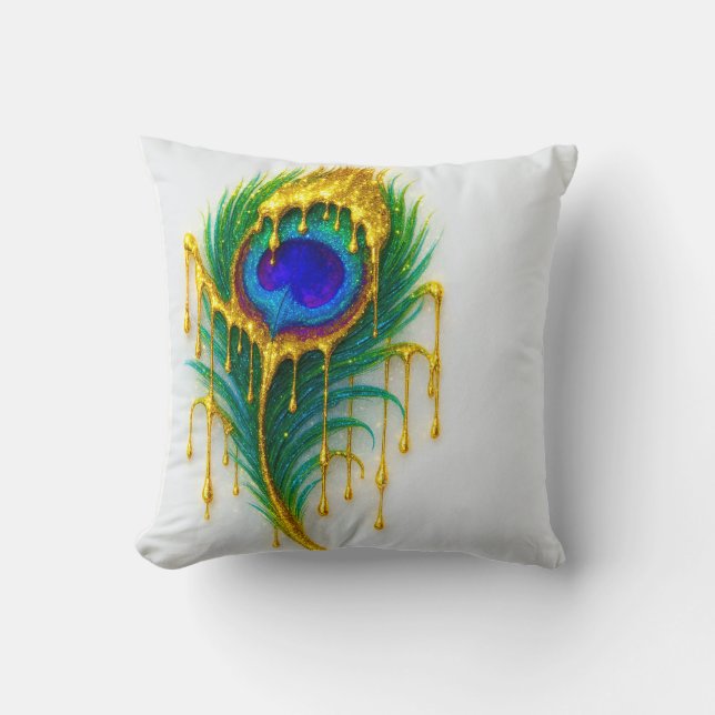 Shimmer Gold Drip Beauty Glam Peacock Feather Cushion (Front)