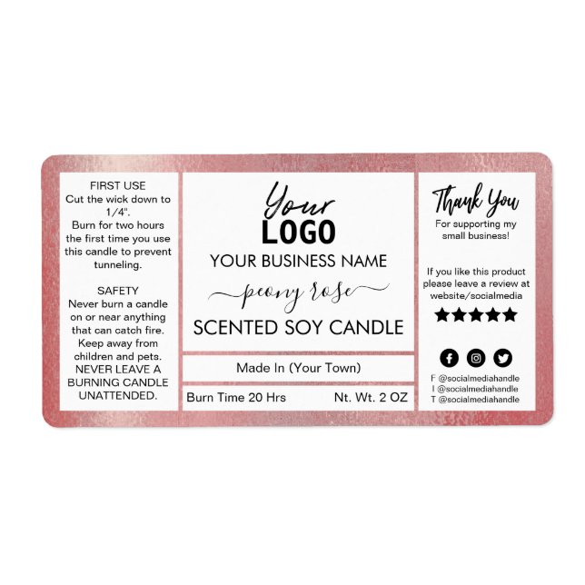 Shimmer Rose Gold Ink Peony Scented Soy Candle (Front)