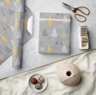 Shimmer Silver and Gold Christmas Trees Wrapping Paper