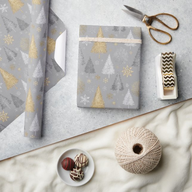 Shimmer Silver and Gold Christmas Trees Wrapping Paper (Crafts)
