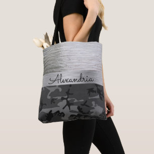 Shimmer Silver Black Camo Personalised Tote Bag