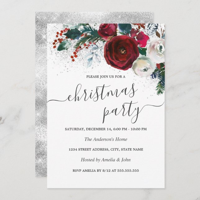 Shimmer White Silver Red Floral Christmas Party  Invitation (Front/Back)