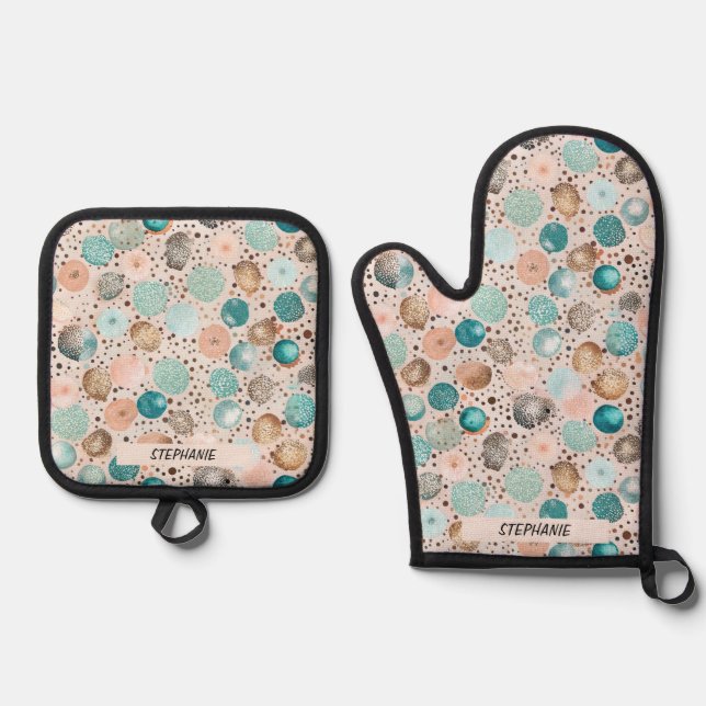 Shimmering Abstract Dot Pattern in Turquoise, Pink Oven Mitt & Pot Holder Set (Front)