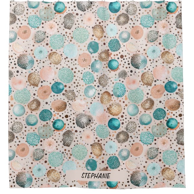 Shimmering Abstract Dot Pattern in Turquoise, Pink Shower Curtain (Front)